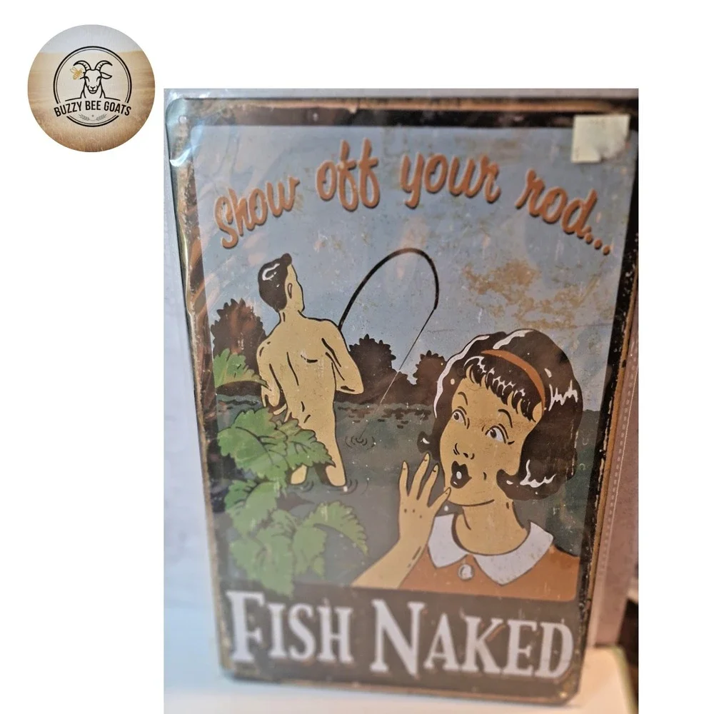 Fish Naked Show Off Your Rod Vintage Style Metal Tin Sign Fishing Wall Decor new